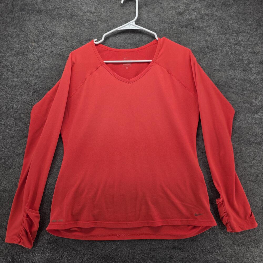Nike Dri-FIT Shirt Womens L Red V-Neck Long Sleeve Moisture Wicking Quick Dry